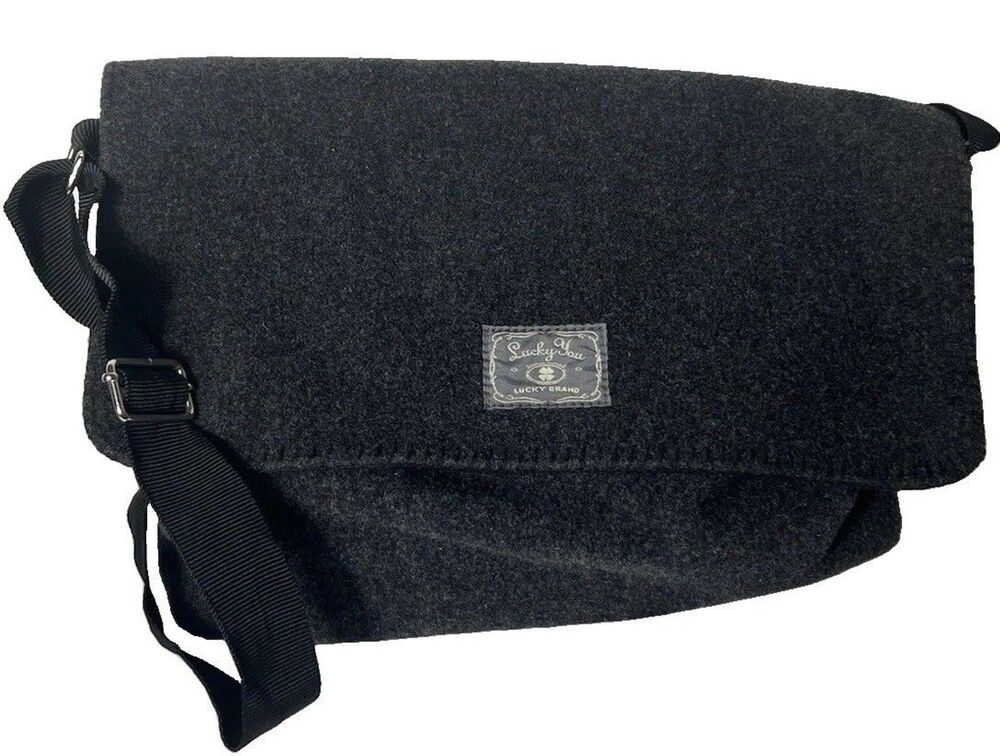 Lucky You Gray Messenger Bag wool/felt-like exterior, adjustable shoulder strap